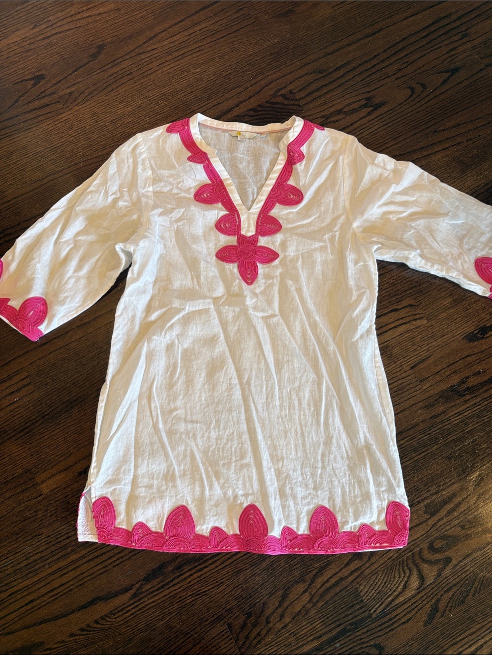 Boden White Linen Dress with Pink Crochet Trim